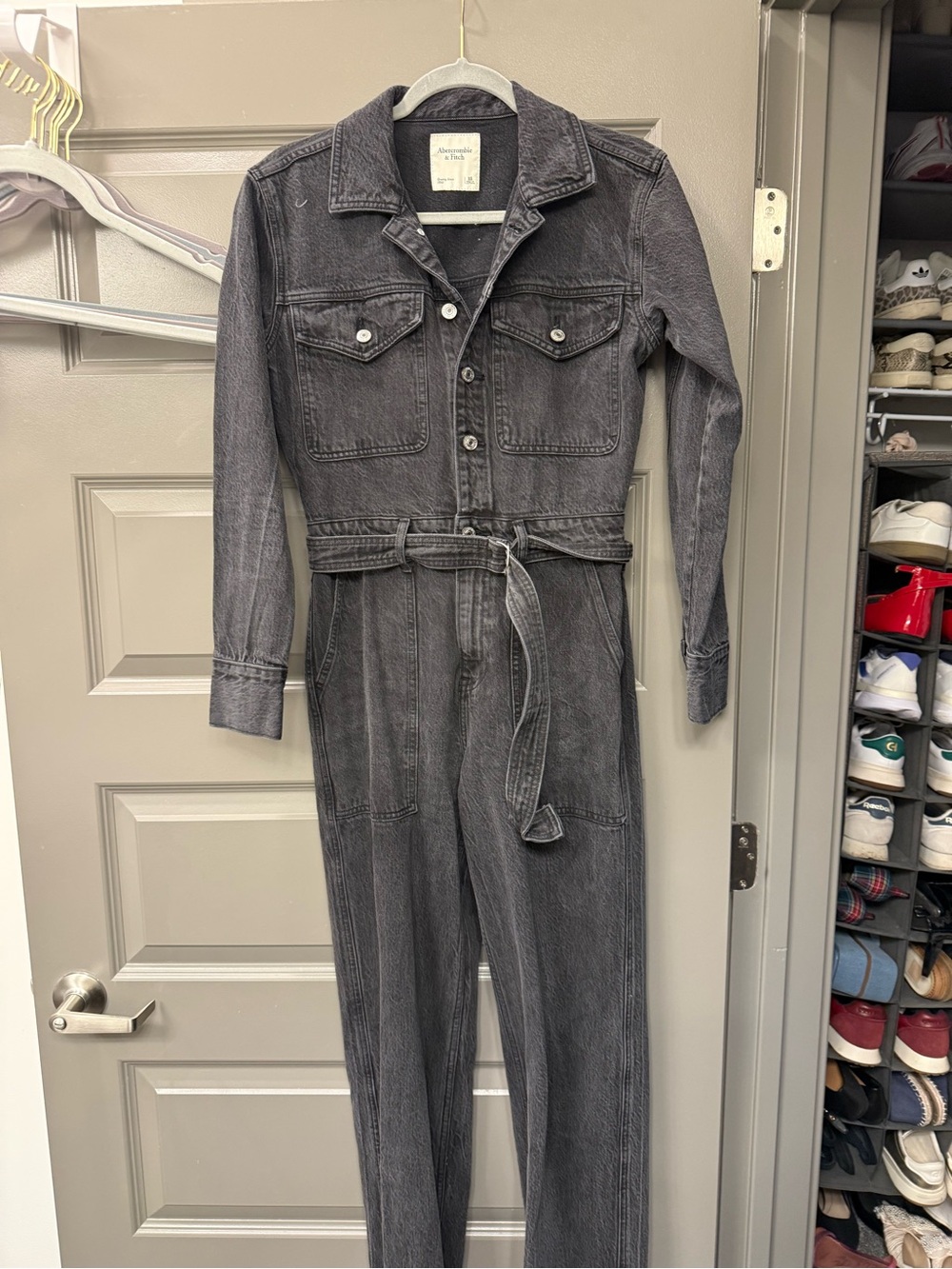 Abercrombie & Fitch Washed Charcoal Denim Jumpsuit with Belt